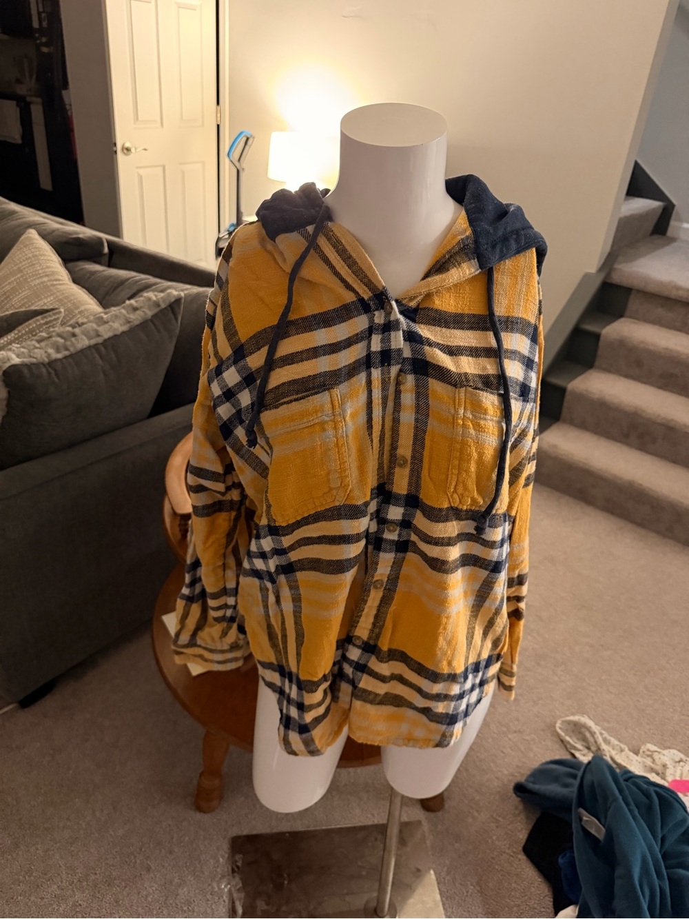 American Eagle Yellow and Navy Plaid Hooded Shirt